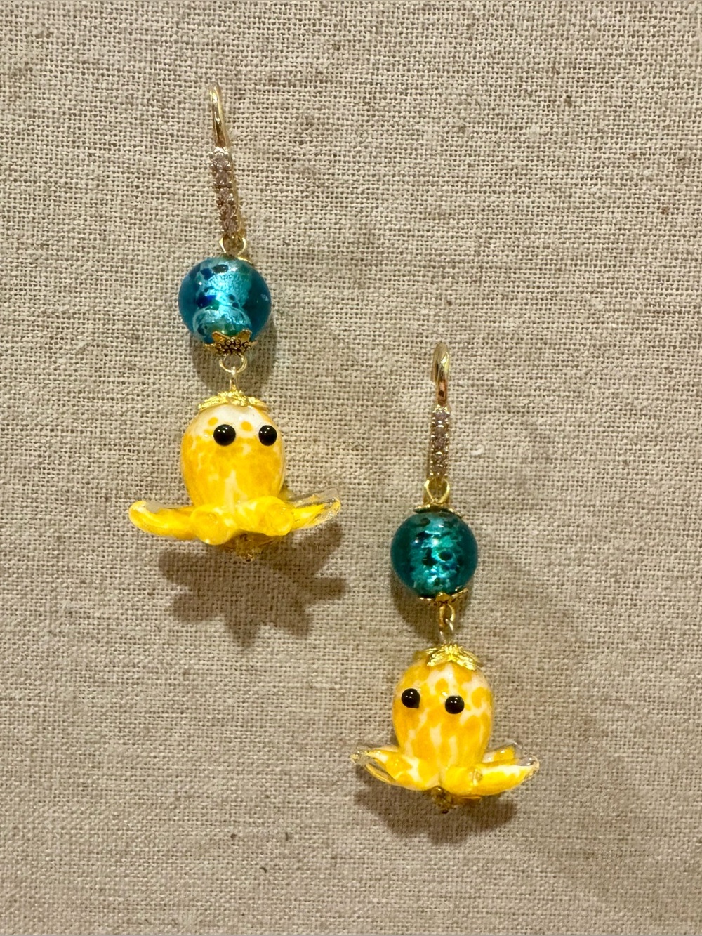 Yellow Octopus Lampwork Glass with Teal Sommeroso Glass Bead Drop Earrings 🧁